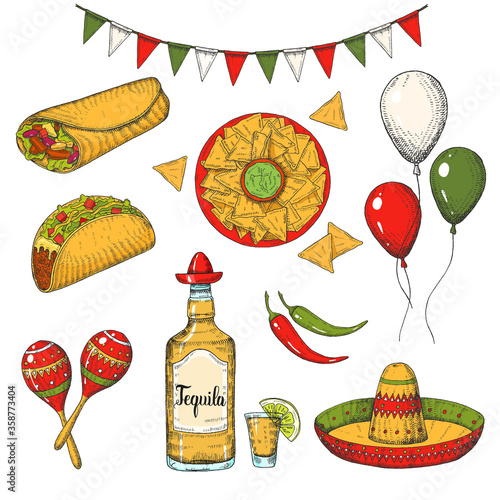 Cinco de Mayo vector colored Set. Hand drawn symbols - chili pepper, maracas, sombrero, nachos, tacos, burritos, tequila, balloons, flag garland isolated on white. Sketch. Mexican food and objects