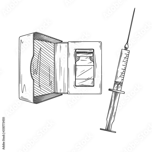 Icon medical syringe with needle and vial in flat style, concept of vaccination, injection. Isolated vector illustration