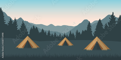 summer camp tents on green meadow with mountain view vector illustration EPS10