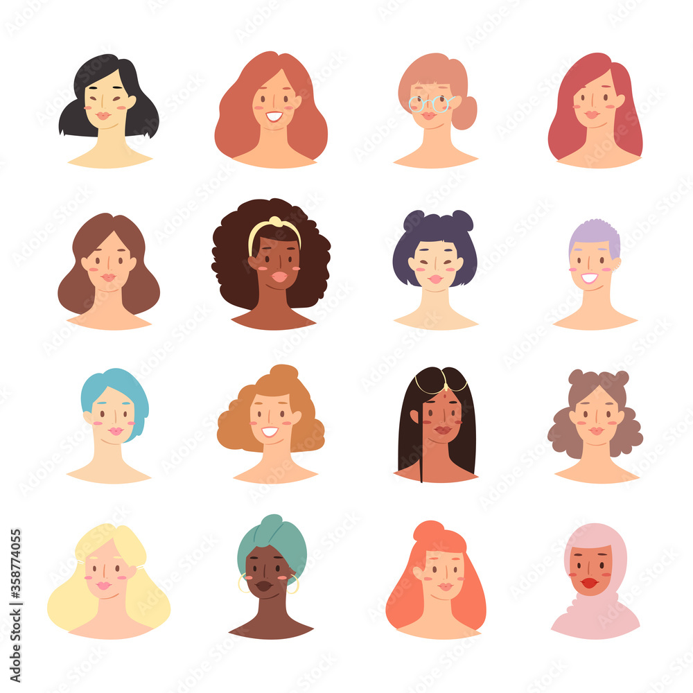 Cartoon avatars of cute funny young stylish women with different ethnicity, nationality, hairstyles and accessories. Collection of portraits of smiling hipster girls. Set of modern female emoticons Cartoon avatars of cute funny young stylish women with different ethnicity, nationality, hairstyles and accessories. Collection of portraits of smiling hipster girls. Set of modern female emoticons