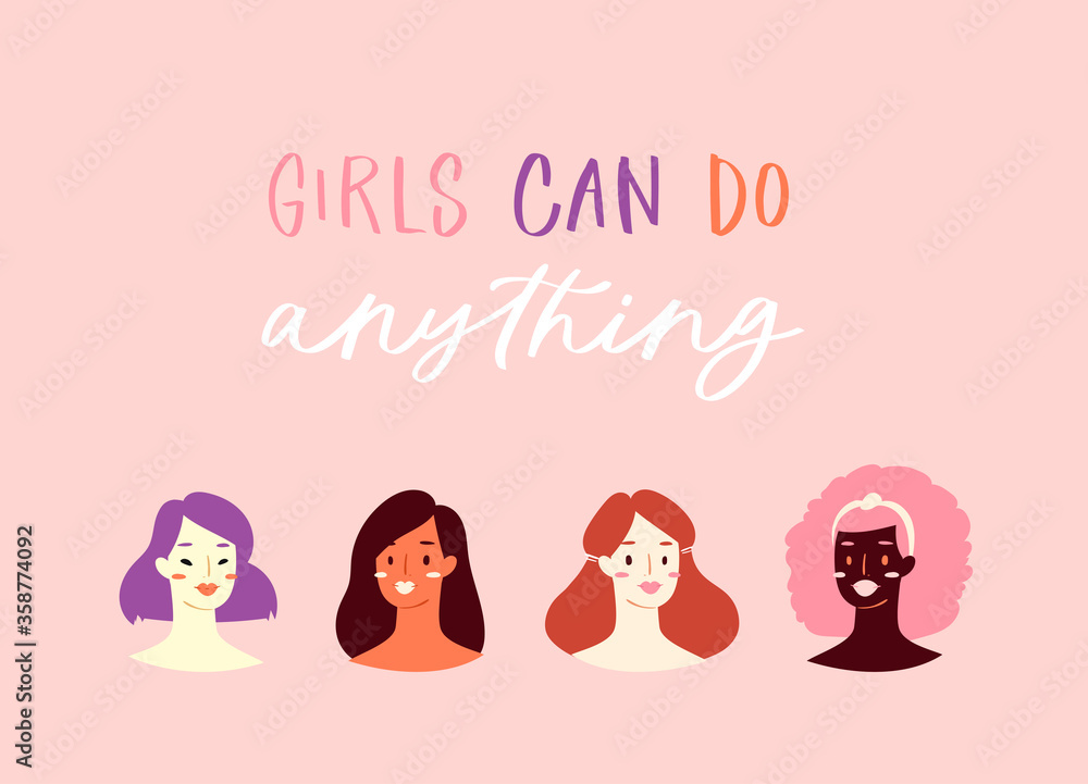 Cartoon avatars of cute young women with different ethnicity, nationality, hairstyles and accessories. Collection of portraits of smiling hipster girls with feministic quote - girls can do anything Cartoon avatars of cute young women with different ethnicity, nationality, hairstyles and accessories. Collection of portraits of smiling hipster girls with feministic quote - girls can do anything