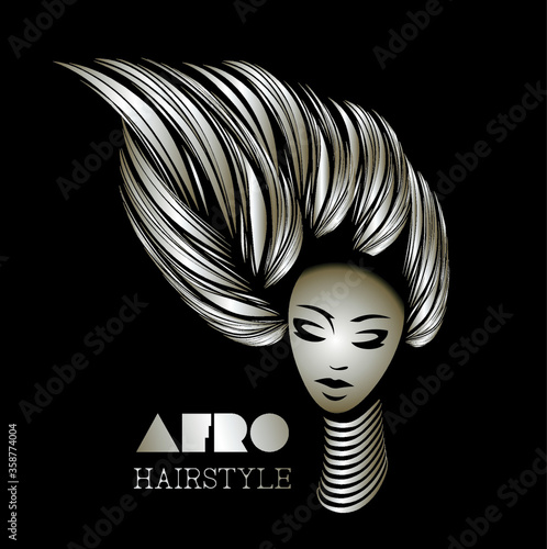 Hair salon and beauty studio logo.Beautiful Afro-American woman portrait.Elegant hairstyle and makeup.Metallic color.Fashion icon.
