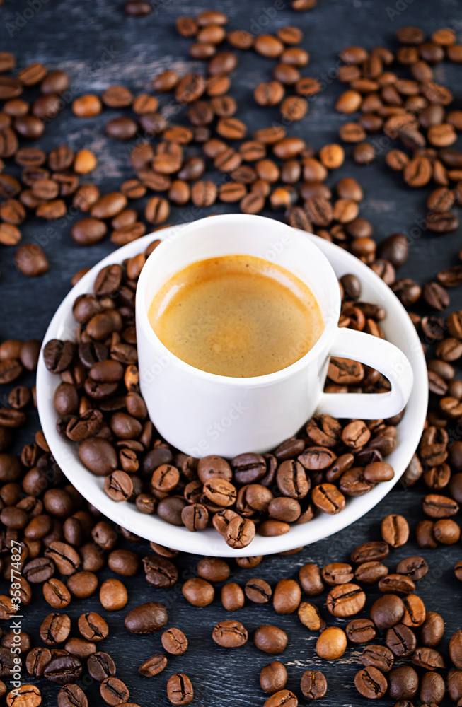 Cup of coffee espresso. Hot drink coffee on dark background Cup of coffee espresso. Hot drink coffee on dark background