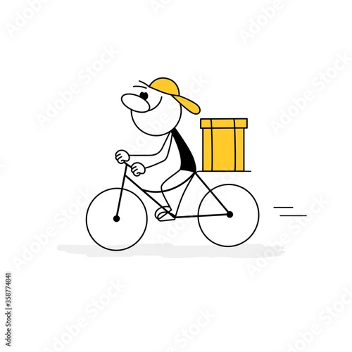 Doodle stick figure: Delivery man rides a bicycle. Profile. Vector.