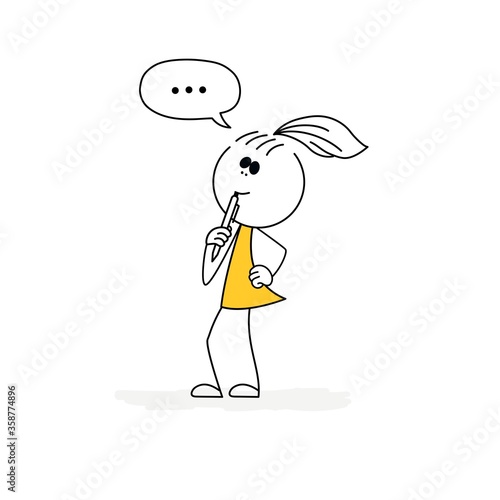 Doodle stick figure: Business woman thinks. Vector.