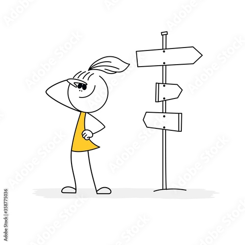 Doodle stick figure: girl in front of a choice. Vector.