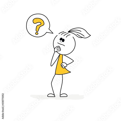 Doodle stick figure: girl with question mark. Vector.
