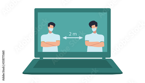 Young man wear face mask. Social Distancing Vector Illustration.