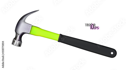 Modern steel realistic hammer with lemon color handle of fiberglass covered with rubber. Work tool isolated on white background. Vector illustration.