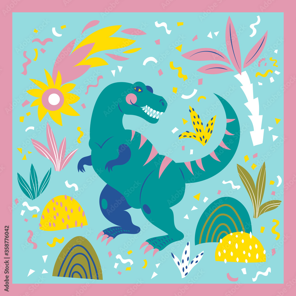 Obraz premium Vector card with a kind tyrannosaur in the memphis style