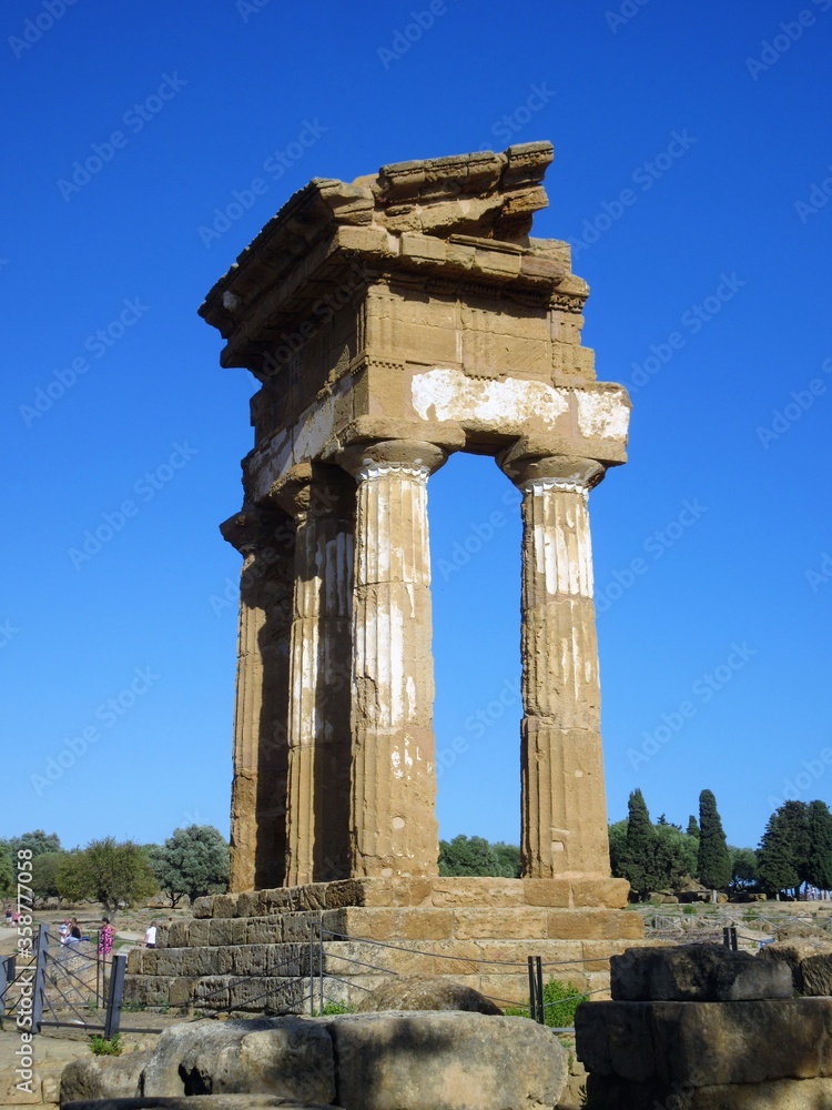Italy, Sicily, Agrigento / 2018 August 16th / Temple of Castor and Pollux, doric temple ruins in Valle dei Templi