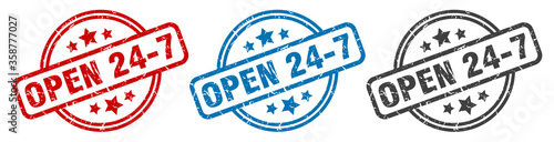 open 24 7 stamp. open 24 7 round isolated sign. open 24 7 label set