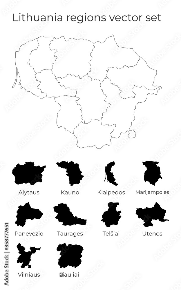 Lithuania map with shapes of regions. Blank vector map of the country with regions. Borders of the country for your infographic. Vector illustration. Lithuania map with shapes of regions. Blank vector map of the country with regions. Borders of the country for your infographic. Vector illustration.