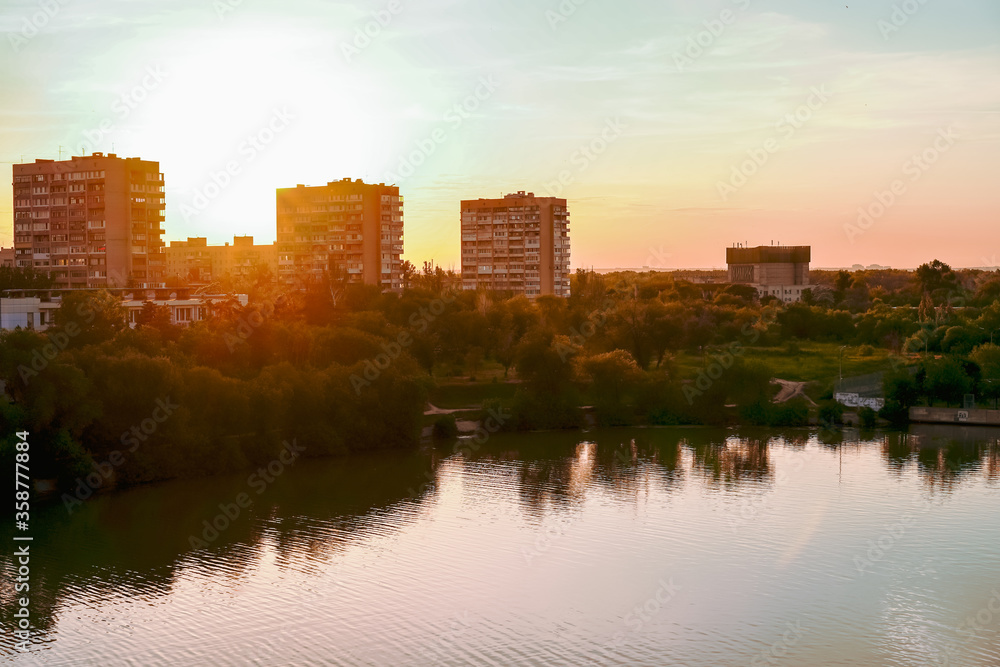 Panorama of the city with high-rise buildings in Volgograd, Russia, a quiet evening