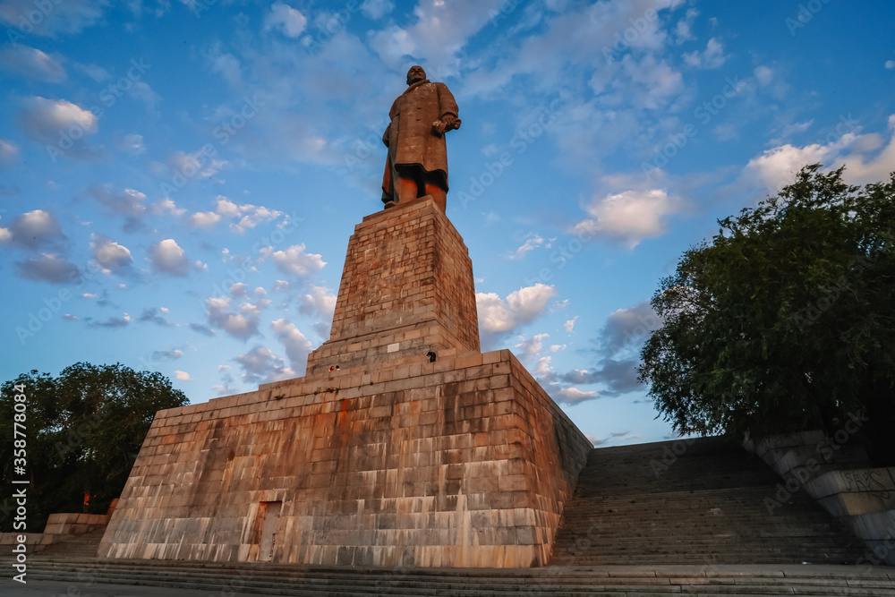 The world's largest monument to Lenin in Volgograd at sunset
