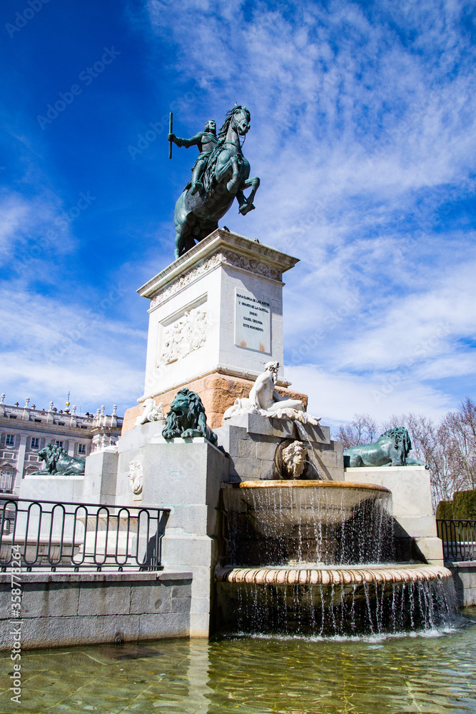 Fototapeta premium It's Part of the Philip IV monument in Plaza de Oriente, Madrid, Spain. Philip IV was a king of Spain