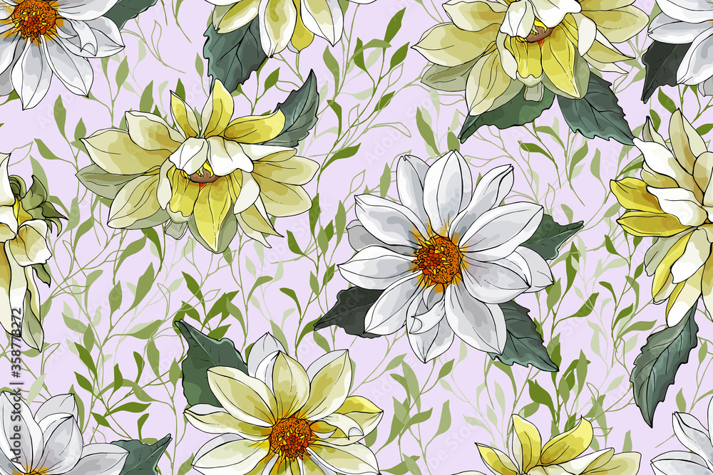 Pretty Floral Seamless Pattern with Yellow and White Dahlias and Green Leaves on Light Pink background. For Textile, Wallpapers, Print, Greeting. Vector Illustration. Pretty Floral Seamless Pattern with Yellow and White Dahlias and Green Leaves on Light Pink background. For Textile, Wallpapers, Print, Greeting. Vector Illustration.