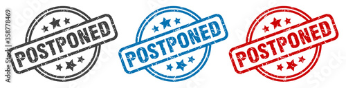 postponed stamp. postponed round isolated sign. postponed label set