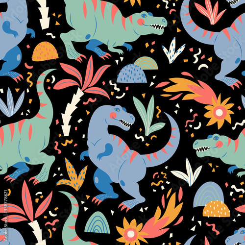 Vector seamless pattern with kind tyrannosaurs in the memphis style