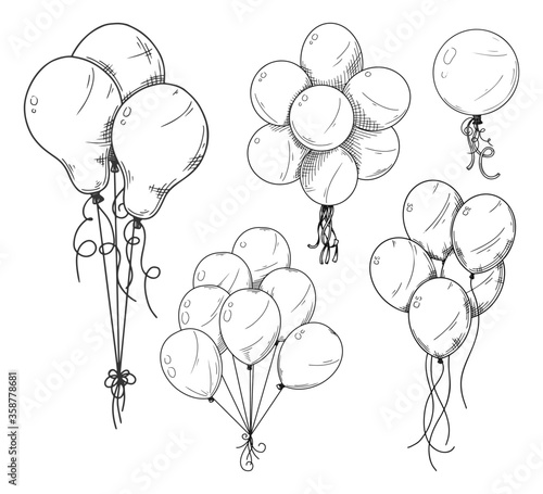 Set of different balloons. Inflatable balls on a string. Vector illustration
