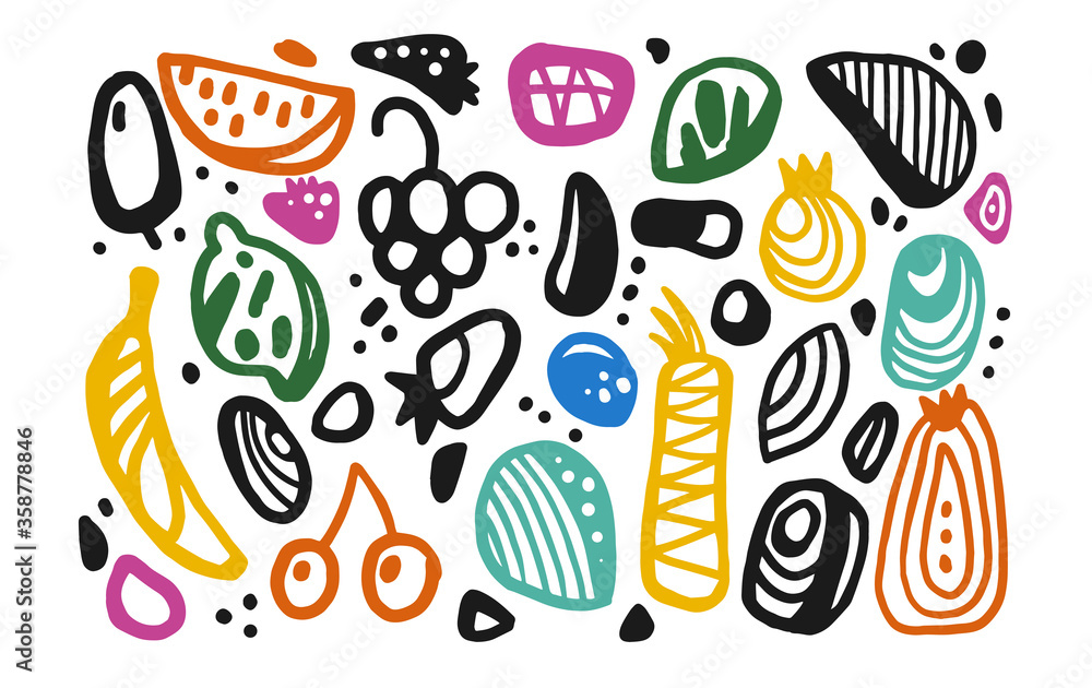 A set of different elements in Doodle style. Isolated objects for design. Abstract spots and fruits on the background.