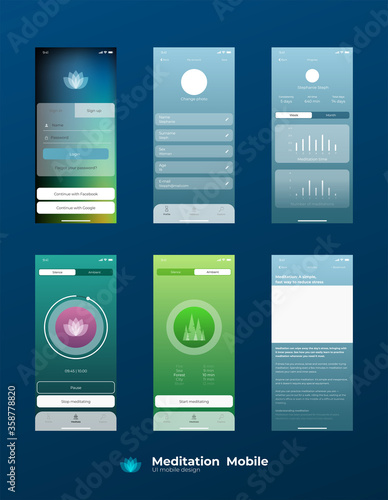 Mobile UI / UX Template Mockup - Wireframe Meditation App Concept