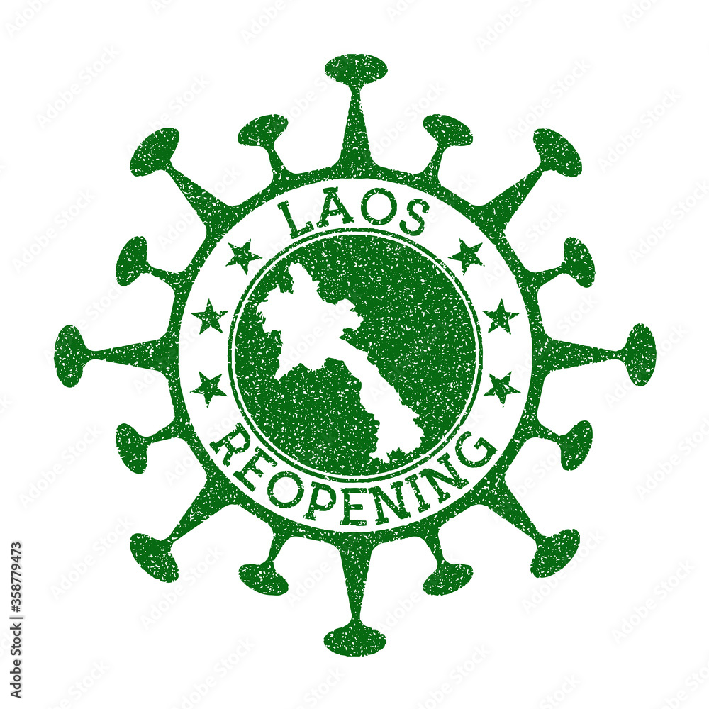 Laos Reopening Stamp. Green round badge of country with map of Laos. Country opening after lockdown. Vector illustration.