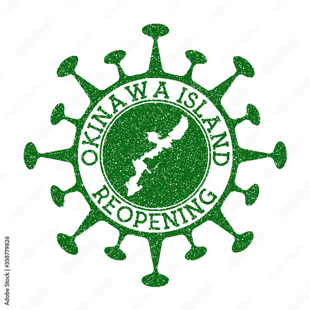 Okinawa Island Reopening Stamp. Green round badge of island with map of Okinawa Island. Island opening after lockdown. Vector illustration. Okinawa Island Reopening Stamp. Green round badge of island with map of Okinawa Island. Island opening after lockdown. Vector illustration.
