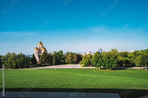 Church with Golden domes on Mamaev Kurgan in Volgograd