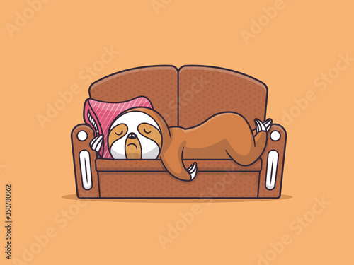 Lazy sloth sleeping on a sofa couch vector cartoon illustration