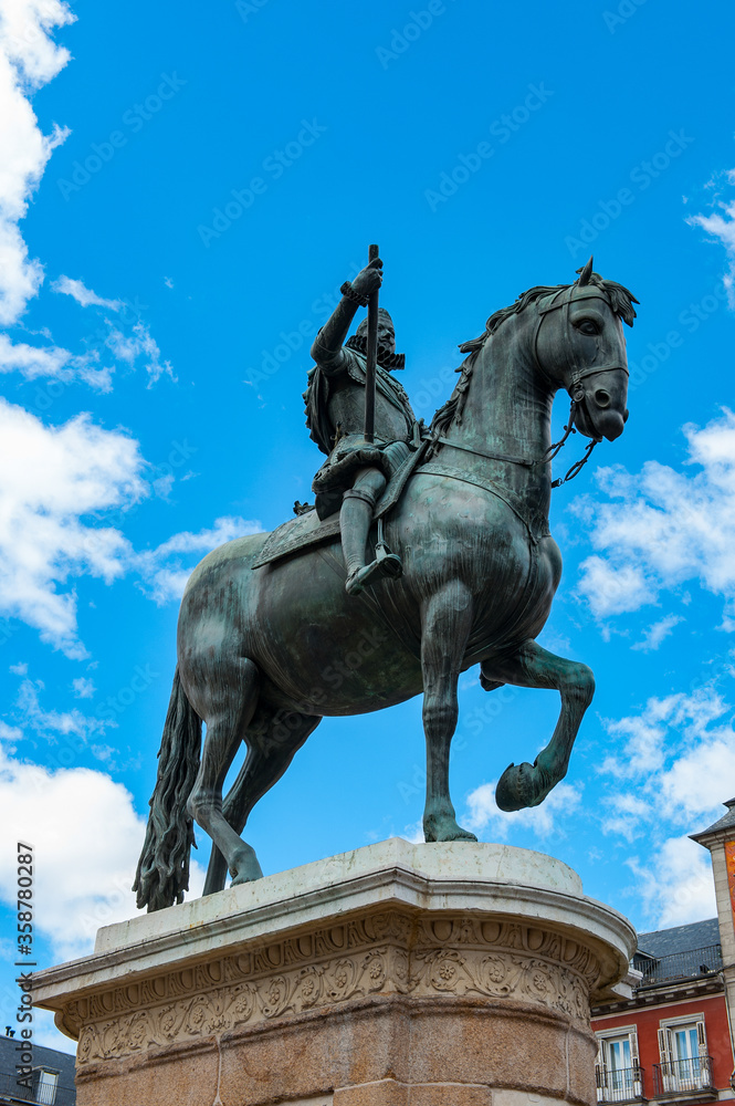 It's Statue of King Philip III on the Plaza Mayor, Madrid, Spain. It's the Spanish Property of Cultural Interest It's Statue of King Philip III on the Plaza Mayor, Madrid, Spain. It's the Spanish Property of Cultural Interest