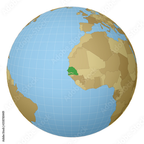 Globe centered to Senegal. Country highlighted with green color on world map. Satellite projection view. Vector illustration.