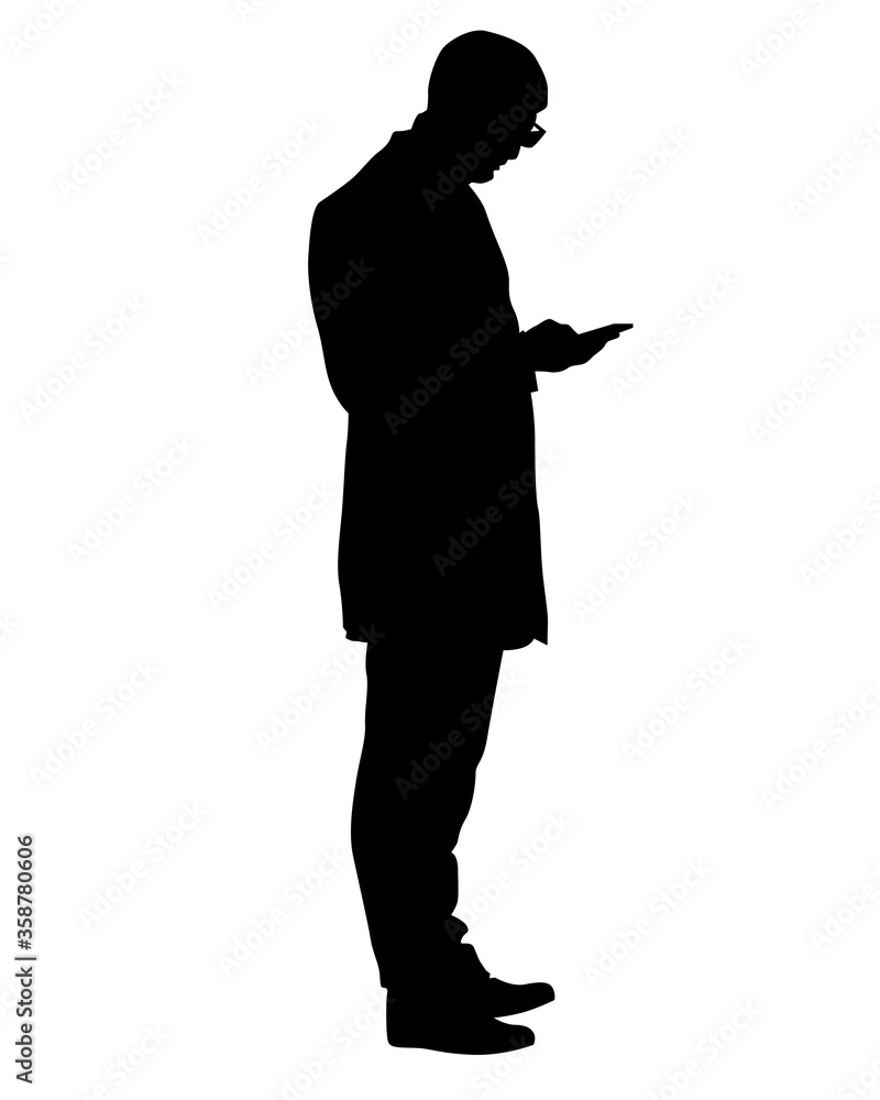 Man in a business suit is talking on a cell phone. Isolated silhouettes on a white background