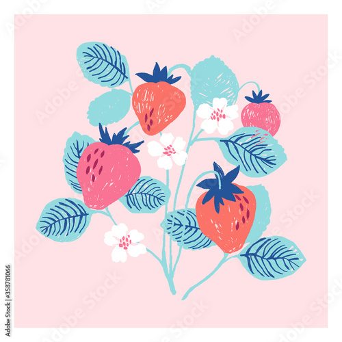 Vector card with strawberry hand drawn in pencil in trendy colors 