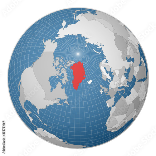 Globe centered on Greenland. Country highlighted in green on world map. Satellite world projection. Radiant vector illustration.