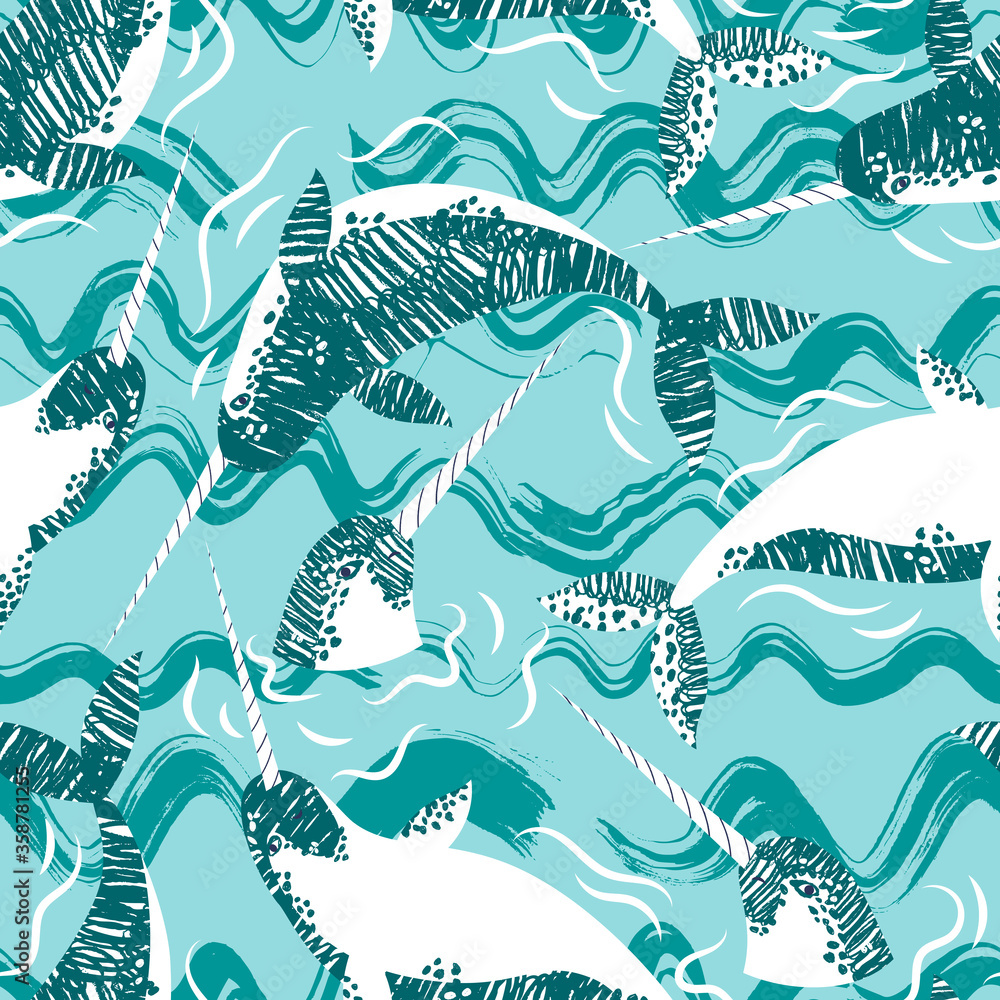 Obraz premium Hand-drawn vector pattern with cute narwhal. Beautiful design for textile in trendy colors. 
