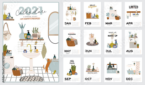 Wall calendar. 2021 Yearly Planner with all Months. Good school Organizer and Schedule. Cute home interior background. Motivational quote lettering. Flat vector illustration in trendy style