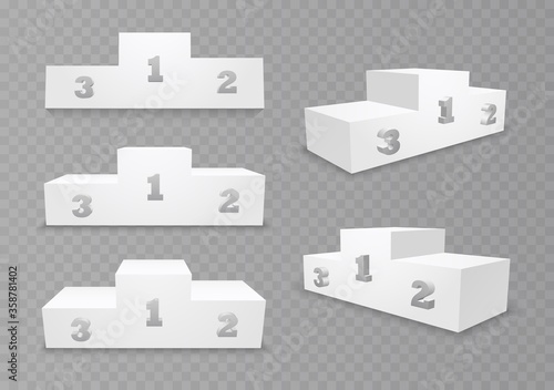 Pedestal for winners with first, second, and third places. Podium for an award ceremony, stand for contest winners and champions. 3d platform isolated on a transparent background. Vector illustration.