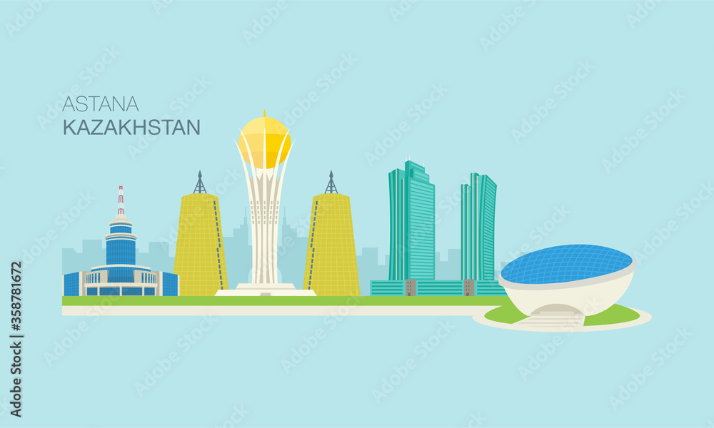 Astana or Nur-Sultan cityscape, Kazakhstan. Flat vector illustration. Central Asia.