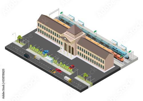 Vector isometric public train station building