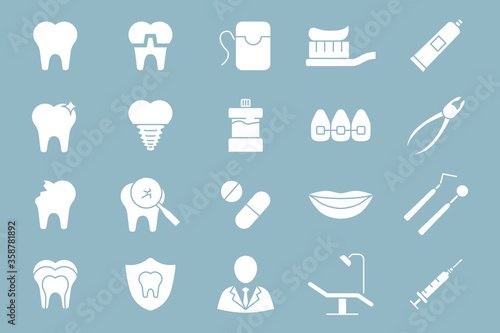 Dentist Icons set - Vector silhouettes of medicine, tooth, toothbrush, toothpaste, caries and floss for the site or interface