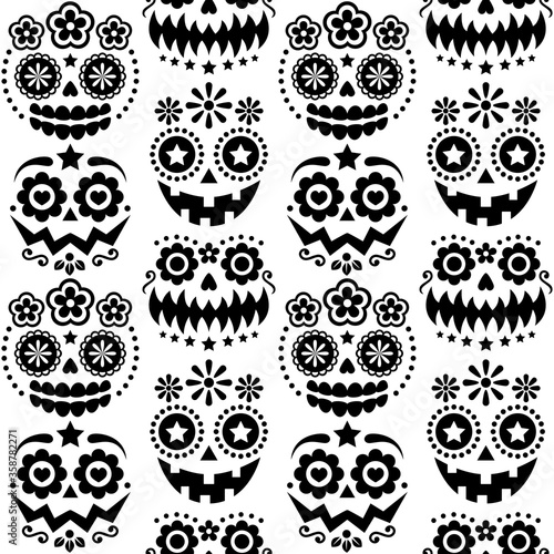 Halloween and Dia de los Muertos skulls and pumpkin faces vector seamless pattern - Mexican sugar skull style texile design
