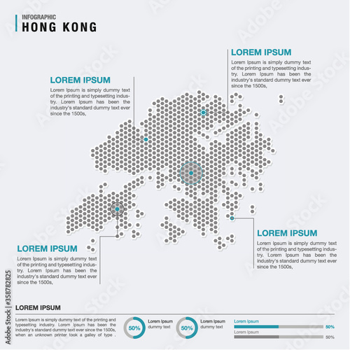 Hong Kong country map infographics vector with pointer marks and circle chart template. Infographics layouts. Vector illustration
