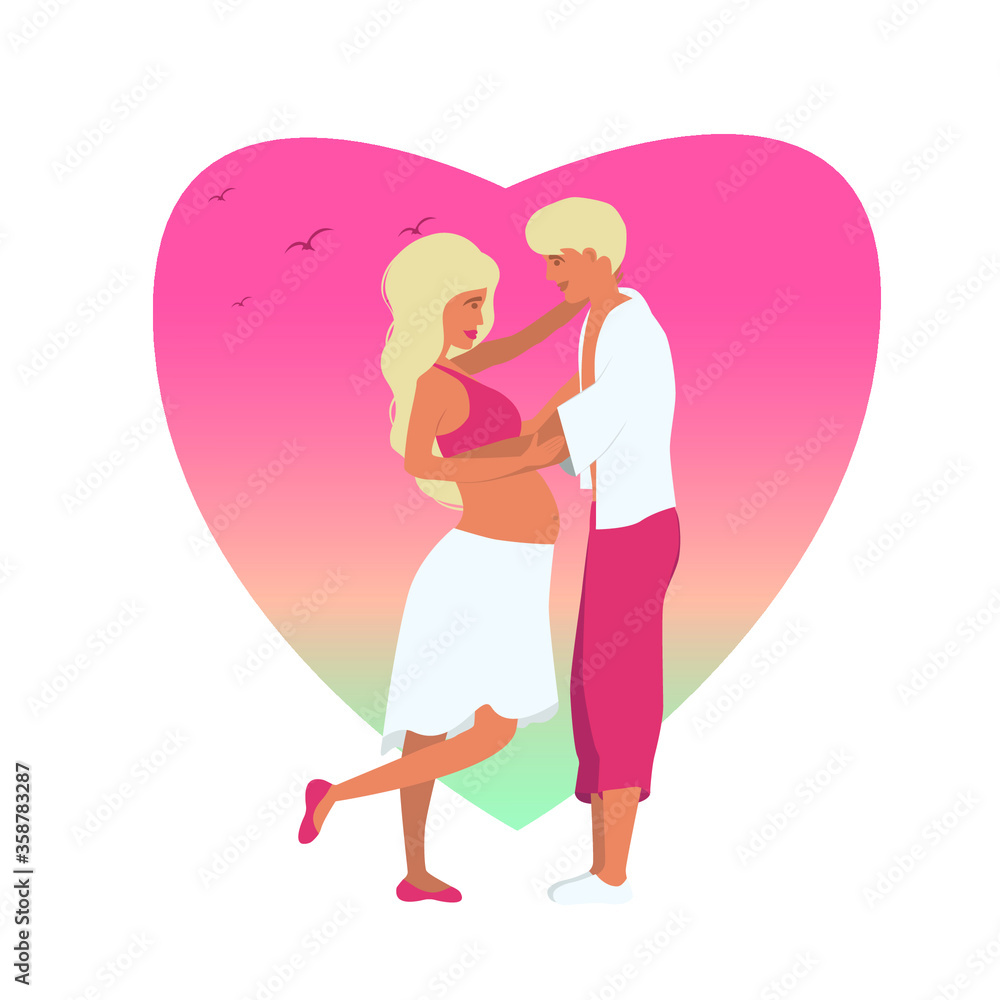 Pregnant wife and her husband enjoy life at sunset on vacation in the tropics, can be used for postcards Pregnant wife and her husband enjoy life at sunset on vacation in the tropics, can be used for postcards