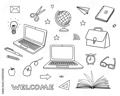 Workroom stuff doodle. Hand drawn vector objects. Set of work elements. Laptop, bag, clock, book, globe, apple. Black and white line art illustration
