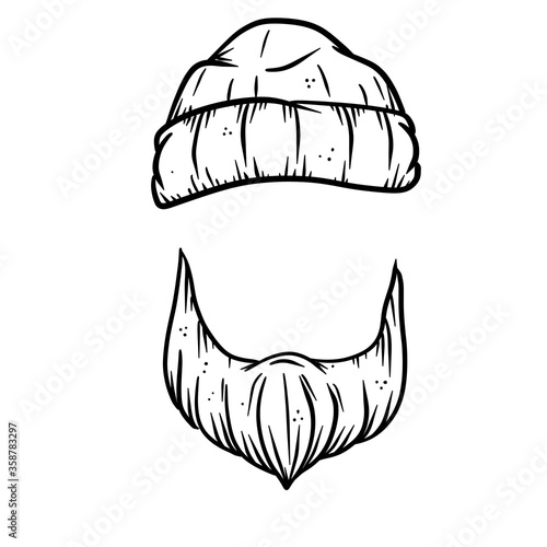 Fashionable men haircut. Element of head and face hipster. Hair and beard of guy. barbershop Fashion and style. Warm hat of sailor and lumberjack. Hand drawn color illustration