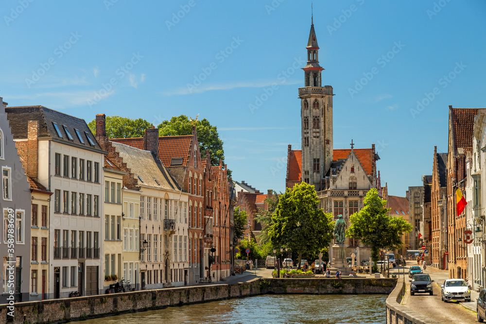 Jan van Eyckplein (Jan van Eyck Square) a square with a statue in Bruges, Belgium