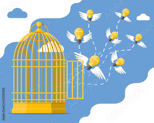 Fresh bulb idea flying from bird cage. Thinking different and freedom concept. Creative idea or inspiration, business start up. Glass bulb with spiral and wings in flat style. Vector illustration