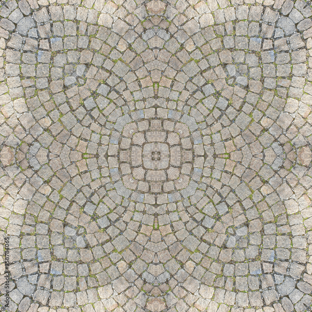 abstract background of pavement pattern of kaleidoscope grey bricks background mandala. abstract kaleidoscopic arabesque
