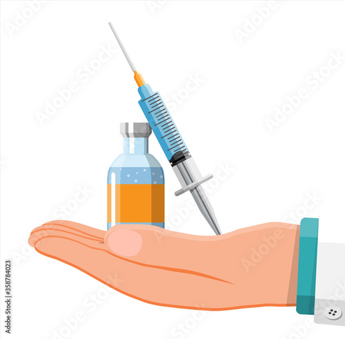 Ampoule and syringe with medicament in hand of doctor. Vaccination concept. Injection syringe needles. Medical equipment. Healthcare, hospital and medical diagnostics. Flat vector illustration